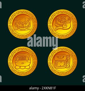Moneta d'oro con simboli Maya o Aztechi. Simboli dorati per i giochi 2D o slot Illustrazione Vettoriale