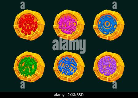 Monete d'oro con simboli Maya o Aztechi colorati. Simboli dorati per i giochi 2D o slot Illustrazione Vettoriale