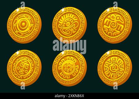 Monete d'oro con simboli Maya o Aztechi. Simboli dorati per i giochi 2D o slot Illustrazione Vettoriale
