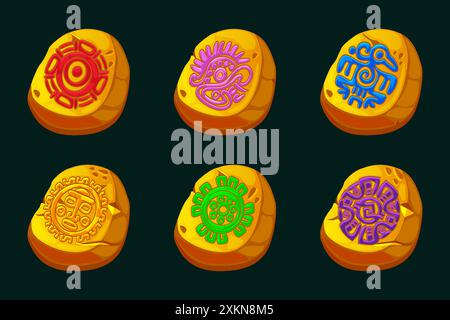 Pietre dorate con simboli Maya o Aztechi. Simboli dorati per i giochi 2D o slot Illustrazione Vettoriale
