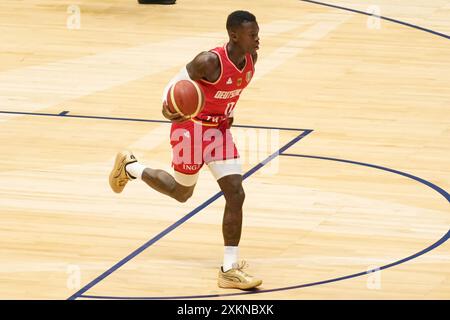 Dennis Schroder tedesco durante l'amichevole internazionale di basket tra USA e Germania il 22 luglio 2024 all'O2 Arena di Londra, Inghilterra Foto Stock