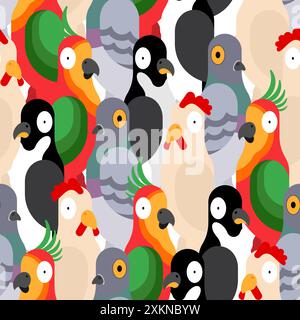 Gli uccelli hanno un motivo senza cuciture. Funny Rooster e sfondo di pinguini. Consistenza di piccione e pappagallo. Ornamento di tessuto per bambini Illustrazione Vettoriale