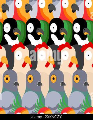Gli uccelli hanno un motivo senza cuciture. Funny Rooster e sfondo di pinguini. Consistenza di piccione e pappagallo. Ornamento di tessuto per bambini Illustrazione Vettoriale