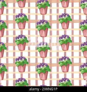 Motivo senza cuciture acquerello. Fiori da interno, viola in una pentola marrone su sfondo bianco quadrato. Tutti gli oggetti sono dipinti a mano con acquerelli. Foto Stock