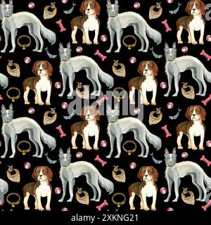 Cani di razze diverse, animali domestici con palla, colletto, osso e guinzaglio disegnati a mano in acquerello. Motivo acquerello senza cuciture. Adatto per la stampa Foto Stock