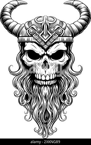 Viking Warrior Skull Man Mascot Face in casco Illustrazione Vettoriale