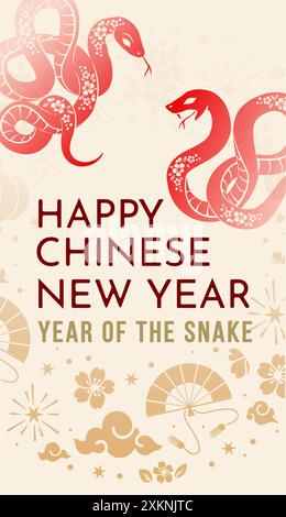 Capodanno 2025 dei manifesti zodiacali cinesi serpenti con serpente d'oro, fiore, lanterna, elementi asiatici e iscrizione in cinese: Felice Capodanno cinese. Illustrazione Vettoriale