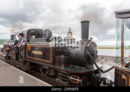 Double Fairlie 'James Spooner', la più recente locomotiva a vapore al mondo, alla stazione di Porthmadog sulla Festiniog Railway, Gwynedd, Galles del Nord Foto Stock
