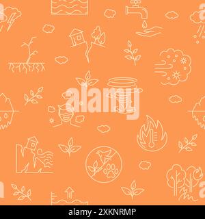 Il riscaldamento globale ha un impatto senza soluzione di continuità. Calamità atmosferiche, simboli di pericolo naturale. Illustrazione vettoriale. Illustrazione Vettoriale