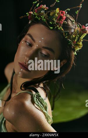 La donna con la corona di fiori si trova vicino a una tranquilla palude. Foto Stock