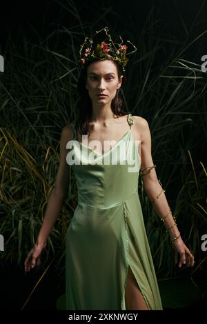 Una donna con una corona floreale posa in un abito verde vicino alla vegetazione paludosa. Foto Stock