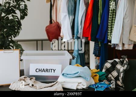 Scegliere abiti per le fiere di donazione, beneficenza e collezione di abbigliamento, scegliere stilisti per aiutare le persone a non acquistare vestiti Foto Stock