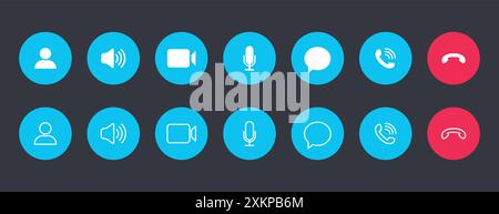 Set di icone di videochiamata. Pulsanti bianchi delle raccolte per videoconferenze online su cerchio blu. Vettore Illustrazione Vettoriale