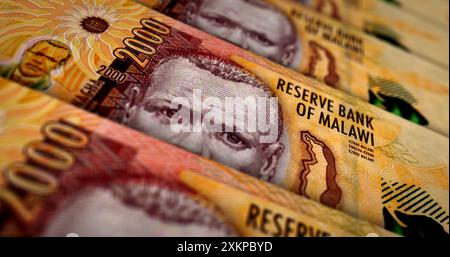 Malawian kwachas Money Printing 3D. Stampa di banconote da 2000 MWK. Concetto di finanza, contante, crisi economica, successo aziendale, recessione, banca, Foto Stock