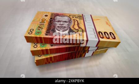 Malawi Money kwachas Malawian Money Pack illustrazione 3D. Pile di banconote da 2000 MWK. Concetto di finanza, contante, crisi economica, successo aziendale, Foto Stock