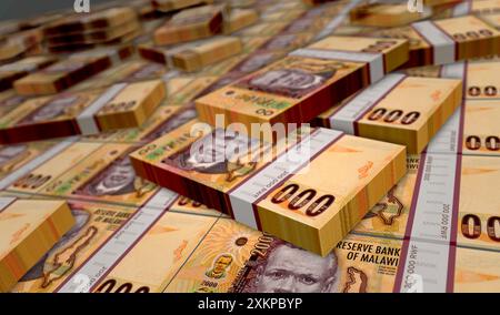 Malawi Money kwachas Malawian Money Pack illustrazione 3D. Pile di banconote da 2000 MWK. Concetto di finanza, contante, crisi economica, successo aziendale, Foto Stock