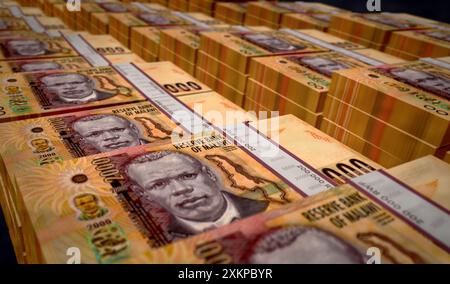 Malawian kwachas Money Printing 3D. Stampa di banconote da 2000 MWK. Concetto di finanza, contante, crisi economica, successo aziendale, recessione, banca, Foto Stock