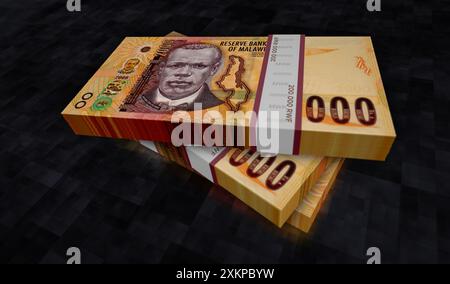 Malawi Money kwachas Malawian Money Pack illustrazione 3D. Pile di banconote da 2000 MWK. Concetto di finanza, contante, crisi economica, successo aziendale, Foto Stock