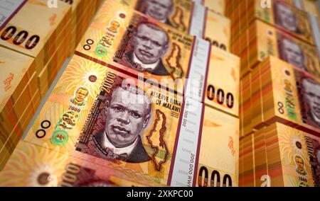 Malawi Money kwachas Malawian Money Pack illustrazione 3D. Pile di banconote da 2000 MWK. Concetto di finanza, contante, crisi economica, successo aziendale, Foto Stock