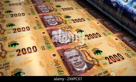 Malawian kwachas Money Printing 3D. Stampa di banconote da 2000 MWK. Concetto di finanza, contante, crisi economica, successo aziendale, recessione, banca, Foto Stock