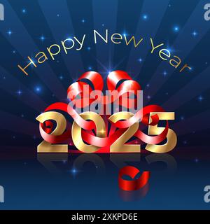 Felice anno nuovo 2025, 25. Dorato lucido 2025 con nastro rosso, arco su sfondo blu. Biglietto d'auguri per le festività. Design per l'anno nuovo per invito, calendario Illustrazione Vettoriale