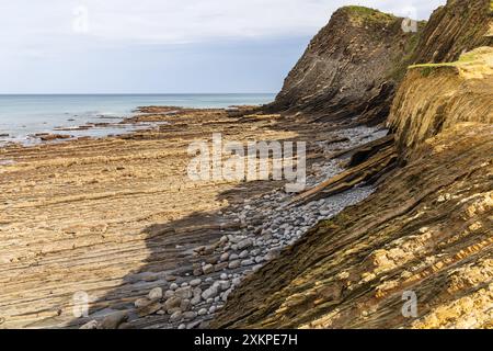 Strati di formazione rocciosa, scogliere e l'Oceano Atlantico in lontananza. Sakoneta Flysch, Deba, Gipuzkoa, Paesi Baschi, Spagna. Foto Stock