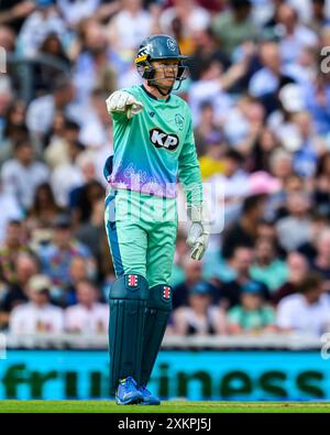 LONDRA, REGNO UNITO. 23 luglio, 24. Sam Billings di Oval Invincibles (Capt.) grida istruzioni ai suoi compagni di squadra durante la Hundred - Oval Invincibles vs Birmingham Phoenix al Kia Oval Cricket Ground martedì 23 luglio 2024 a LONDRA, INGHILTERRA. Crediti: Taka Wu/Alamy Live News Foto Stock