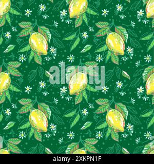 Modello di limone disegnato a mano vettoriale senza cuciture. Schizzo di limone brillante, foglie e fiori per il disegno di tessuti e confezioni Illustrazione Vettoriale