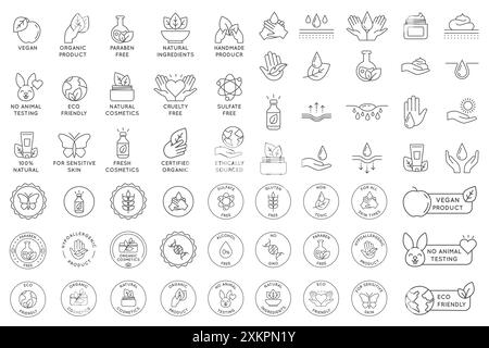 Icona dei cosmetici ecologici. Prodotti naturali biologici icone di linea senza alcool, fragranze, sostanze chimiche e silicone per il confezionamento. Timbri rotondi e badge vettoriali Illustrazione Vettoriale