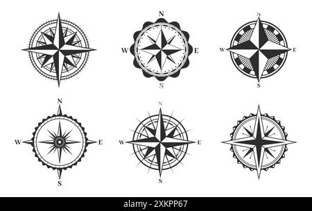 Set di icone bussola. Bussola di navigazione, simbolo di viaggio e avventura retrò con la rosa del vento. Profilo monocromatico bussole marittime vintage Illustrazione Vettoriale