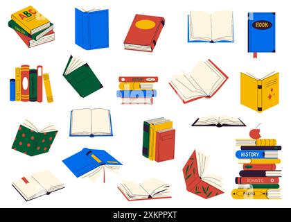 Libri impilati per la lettura, una pila di libri di testo per l'istruzione. Letteratura, dizionari ed enciclopedie, pianificatori con segnalibri. Vettore colore Illustrazione Vettoriale