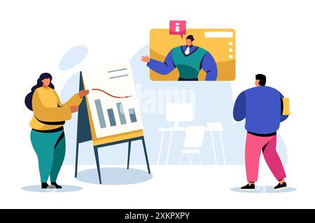 Team aziendale che lavorano insieme al progetto, illustrazione vettoriale. Set di scene d'ufficio aziendali, uomini e donne che interagiscono e comunicano. Affari Illustrazione Vettoriale