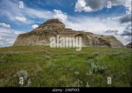 Panorama di Sagebrush e Castle Butte nella Big Muddy Valley, Saskatchewan, Canada Foto Stock