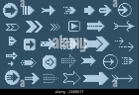 Frecce retrò con pixel. Cursori di navigazione a 8 bit, elementi dell'interfaccia utente dei giochi pixel, icone delle app degli anni '90. Raccolta di simboli del puntatore quadrato vettoriale. Illustrazione Vettoriale
