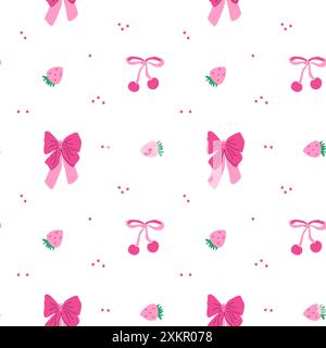 Simpatico background di moda per i bambini. Fiocchi e frutti di bosco con fragole o ciliegie. Decorazioni romantiche per abiti da ragazza, asciugamani da cucina estivi. Illustrazione Vettoriale