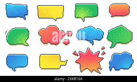 Bolla retrospettiva a 8 bit. Fumetti di fumetti di fumetti di gioco, finestre di dialogo di chat 3D con testo di pensiero e discorso. Vettoriale colorato Illustrazione Vettoriale
