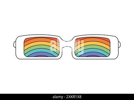 Occhiali da sole con montature bianche di forma rettangolare, divertenti e colorate strisce arcobaleno, illustrazione vettoriale Illustrazione Vettoriale