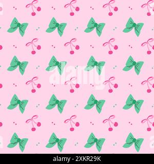 Simpatico background di moda per i bambini. Fiocchi e frutti di bosco con fragole o ciliegie. Decorazioni romantiche per abiti da ragazza, asciugamani da cucina estivi. Illustrazione Vettoriale