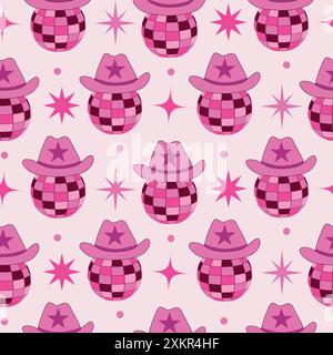 Cappelli da cowgirl retrò con palle da discoteca rosa dal motivo senza cuciture con stelle. Per tessuti, tessuti, carta da imballaggio e arredamento Illustrazione Vettoriale