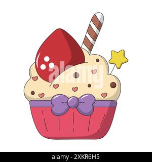 Un dolce dolce e carino decorato con panna, fragole, decorazioni a stelle e cuore rosa spruzza su un muffin ben cotto in una tazza rosa decorata Illustrazione Vettoriale