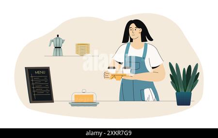 Pagina di destinazione del servizio barista in caffetteria con la pubblicità della migliore bevanda calda di caffè aroma in tazza da asporto. Felice sorridente giovane barista con Illustrazione Vettoriale