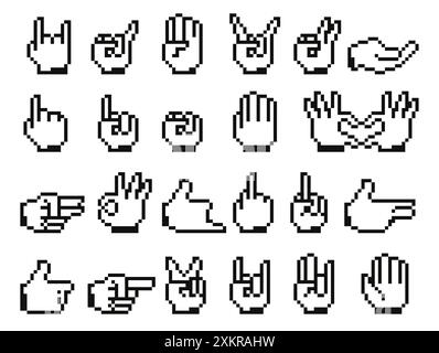 Icone delle mani pixellate. Dita umane simboli del cursore con diversi gesti, segni del cursore del mouse del computer Internet. Set isolato vettoriale. Illustrazione Vettoriale