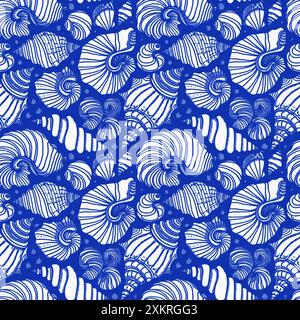 Motivo a conchiglia blu azzurro bianco con sfondo batik senza cuciture in lino, moderno cottage costiero sulla spiaggia rustico stampa a conchiglia design a motivi per la casa Foto Stock