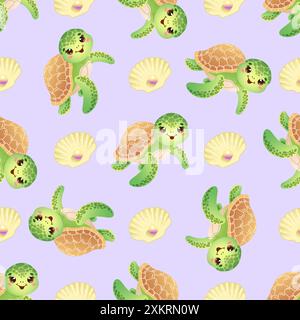 Motivo senza cuciture con una graziosa tartaruga verde sorridente che galleggia con conchiglie su sfondo viola chiaro. Illustrazione vettoriale Illustrazione Vettoriale
