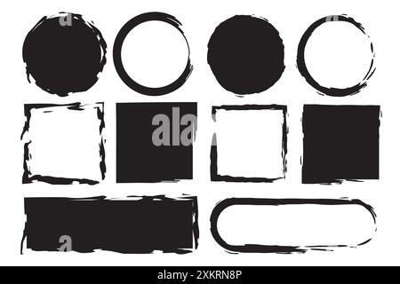 Set di cornici grunge. Disegnato a mano. Cerchio e quadrato. Forme vettoriali. Illustrazione Vettoriale