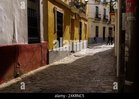 Siviglia, Spagna. 5 febbraio 2024 - stretta strada acciottolata con luce solare e pedoni Foto Stock