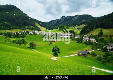 Vista aerea dei verdi prati alpini sulle colline in estate. Vista sulla valle della montagna con i droni, alberi, erba verde e cielo blu con nuvole Foto Stock