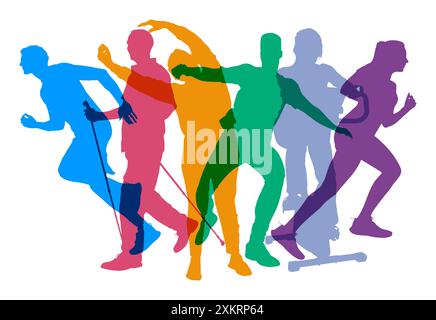 Concetto sportivo con persone in movimento in vari sport come silhouette colorate Foto Stock