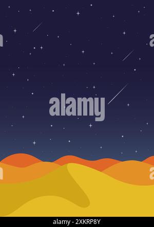 Illustrazione del cielo stellato del deserto arancione. Tramonto crepuscolo cielo crepuscolo per la religione islamica Illustrazione Vettoriale