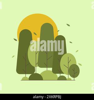 Paesaggio primaverile semplice cartoni animati in stile piatto. Giardino verde cespuglio di vegetazione. Per decorare i paesaggi, parco Illustrazione Vettoriale